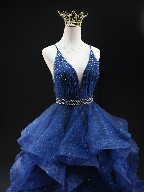 Gothic Navy Blue Layered Tulle Ruffle Dress - Sequin Ball Gown - Spaghetti Strap Wedding Dress Plus Size